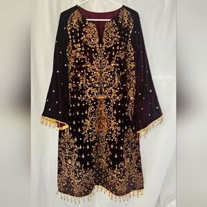 Vintage Kurta Silk Velvet Burgundy Gold Beaded Embroidery Formal Tunic Sz L